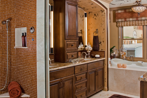 Bathroom Cabinets with Alder Wood Brown Stain Raised Panel Doors Crown Molding