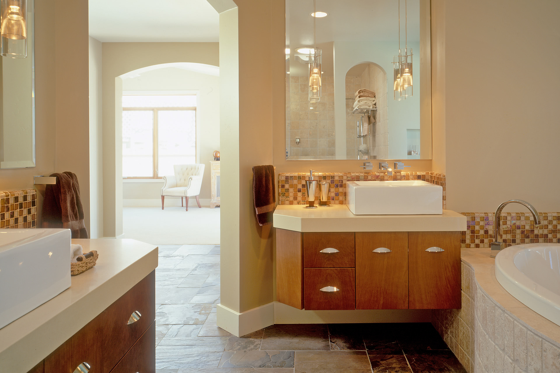 Custom Bathroom Cabinets - Curved Face Sinks Two Level Vessel Sinks