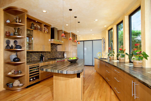 Kitchen Cabinets with Alder Wood Clear Finish Bookmatched and Flat Doors