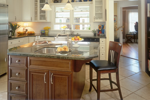 Kitchen Cabinets Stained Island Painted Cabinets Mitered Frame Recessed Panel Doors Glass Doors Crown Molding