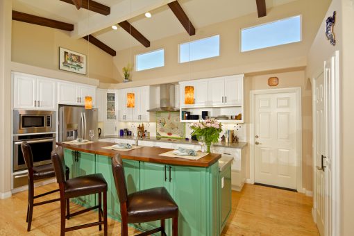 Kitchen Cabinets Painted White Green High Back Two-tiered Island Solid Wood Countertop Revered Doors Soffit